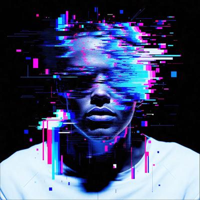 The primary subject of the image is a close-up of a person's face, with a focus on their eyes. The setting is a dark background, which contrasts with the bright colors of the person's eyes. The visual style is a combination of a photo and digital art, creating a unique and intriguing image. The colors and mood of the image are predominantly blue, with a slightly mysterious and captivating atmosphere.